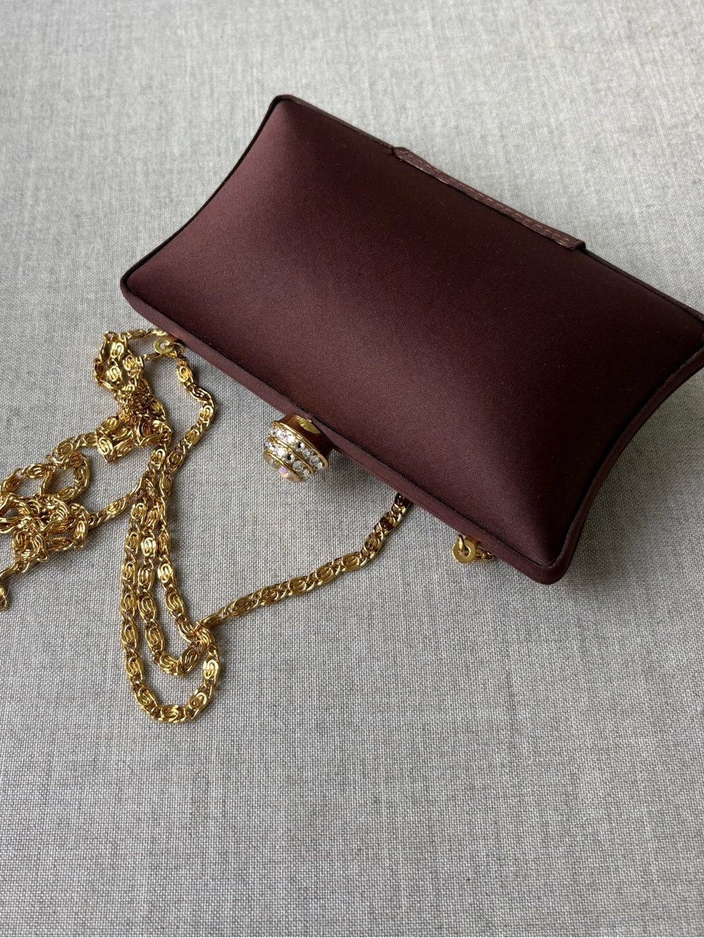 Carlo Fellini Brown Satin Evening Clutch with Gold Chain